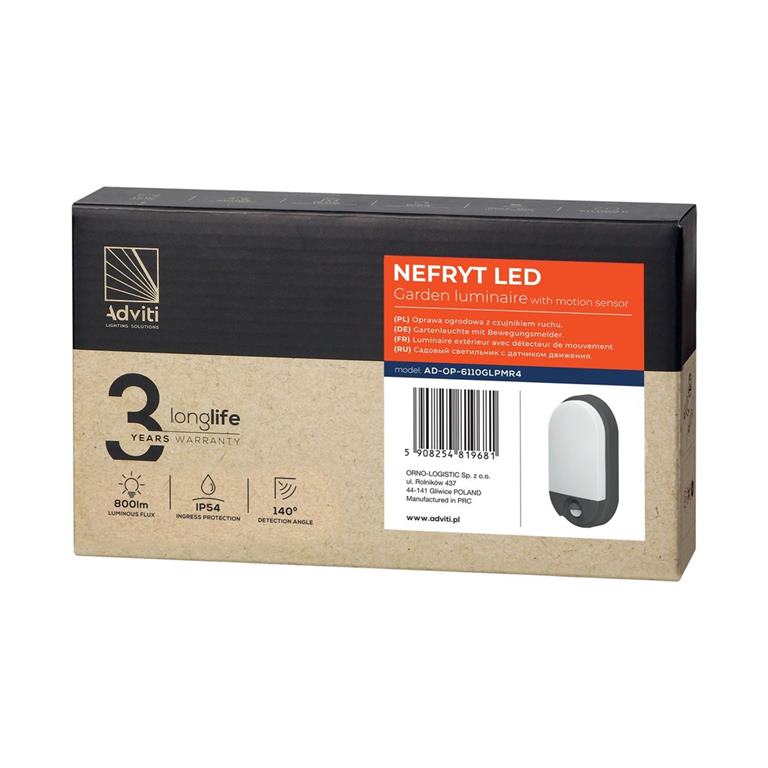 LED svietidlo NEFRYT, 10W, senzor pohybu, IP54, 4000K, grafit
