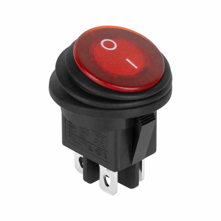 Prepínač kolískový okrúhly 230V 4pin IP65 červený
