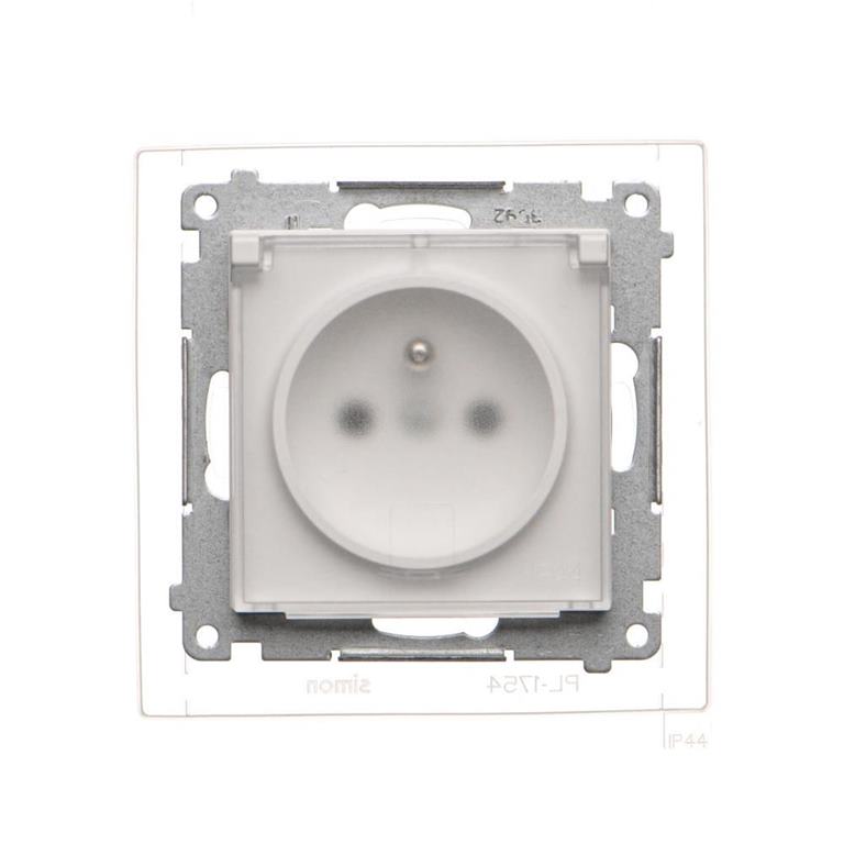 Zásuvka 250 V Simon 55 IP44 s clonkami modul biela matná/transp
