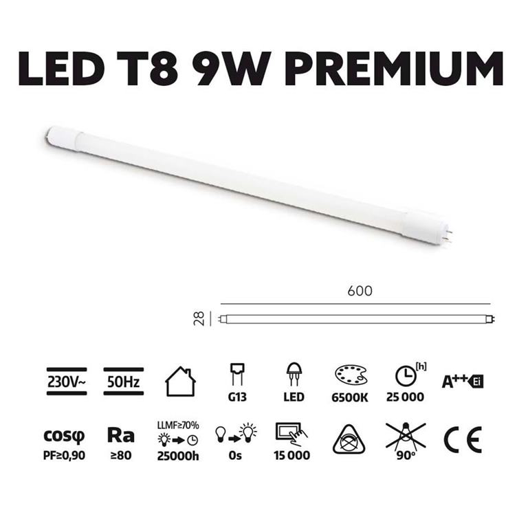 LED trubica T8 9W 6500K sklenená PREMIUM