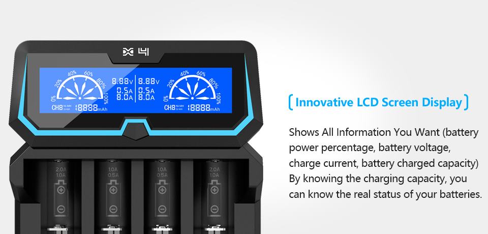 Inteligentá univerzálna rýchlonabíjačka Micro USB/ 230V vstup, záložný zdroj 4 x Li-ion LCD XTAR X4