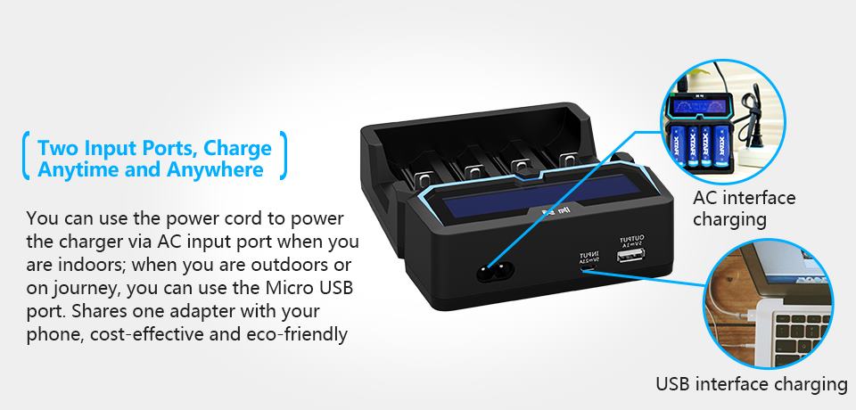 Inteligentá univerzálna rýchlonabíjačka Micro USB/ 230V vstup, záložný zdroj 4 x Li-ion LCD XTAR X4