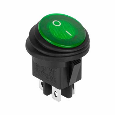 Prepínač kolískový okrúhly 230V 4pin IP65 zelený