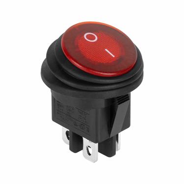 Prepínač kolískový okrúhly 230V 4pin IP65 červený