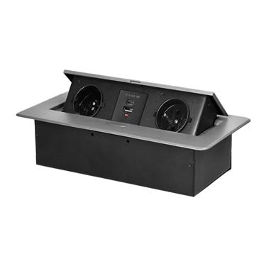 Zásuvkový blokvýklopný 2x 230V s USB, strieborný